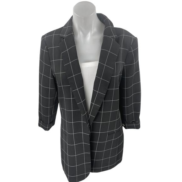 Calvin Klein Black White Grid Half Sleeve Open Blazer Coat Suit Jacket Size 12 - Picture 1 of 5